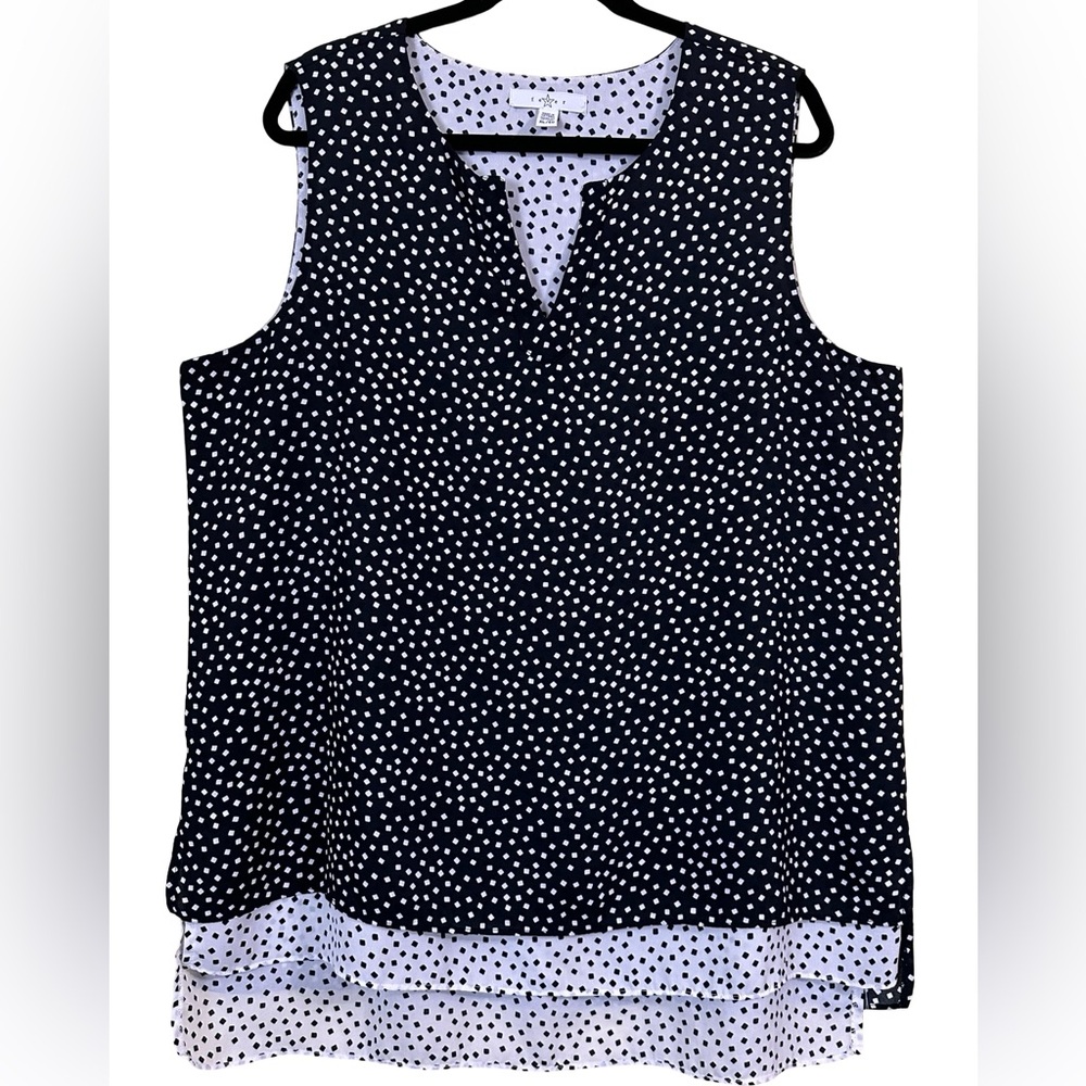 Fever Women’s Black & White Square Dot Double Layer Sleeveless Blouse Size XL